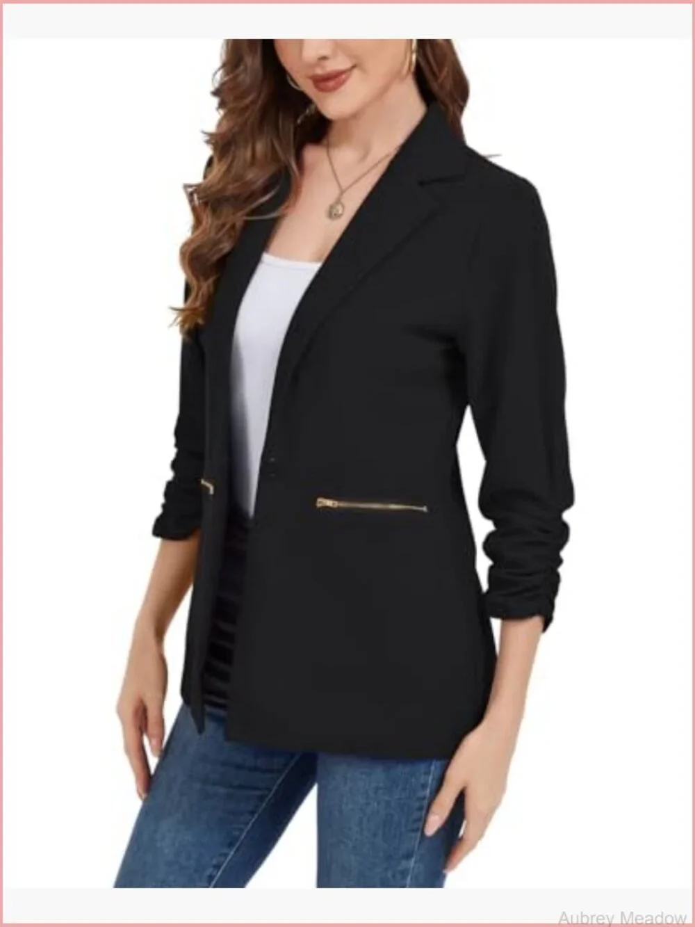 Women's 3/4 Sleeve Blazer with Zipper Pockets - Casual Work Jacket